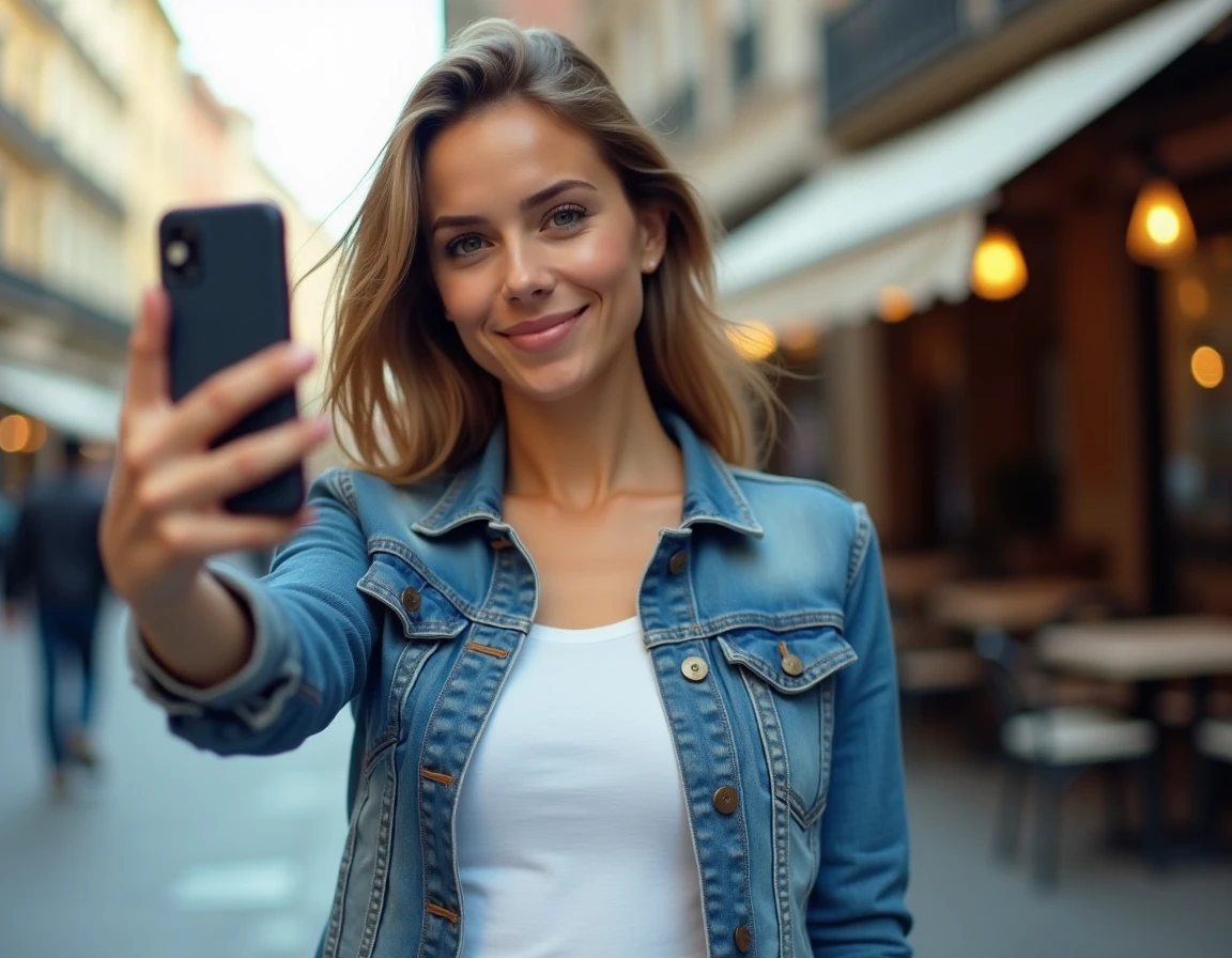 Femme enregistrant une vidéo TikTok en extérieur en milieu urbain, ambiance spontanée et authentique