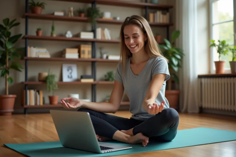 Jeune femme en yoga à domicile souriante devant son ordinateur