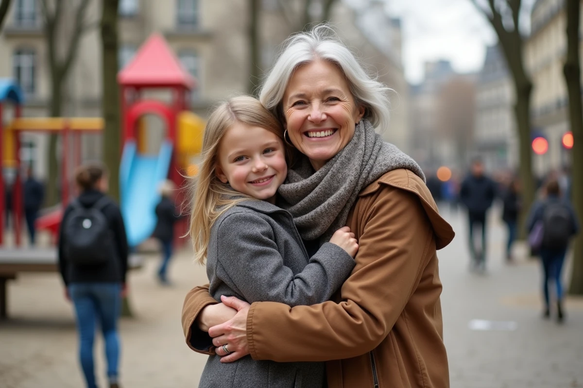 Fille et mère souriantes dans un parc parisien
