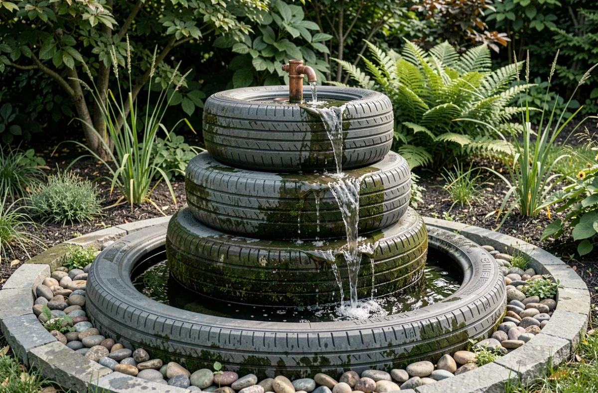 Fontaine de jardin étagée fabriquée avec trois pneus empilés peints en gris pierre avec de l'eau en cascade