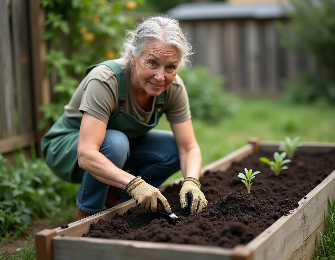 Femme jardinière qui étale du fumier de cheval dans un potager surélevé pour enrichir naturellement le sol