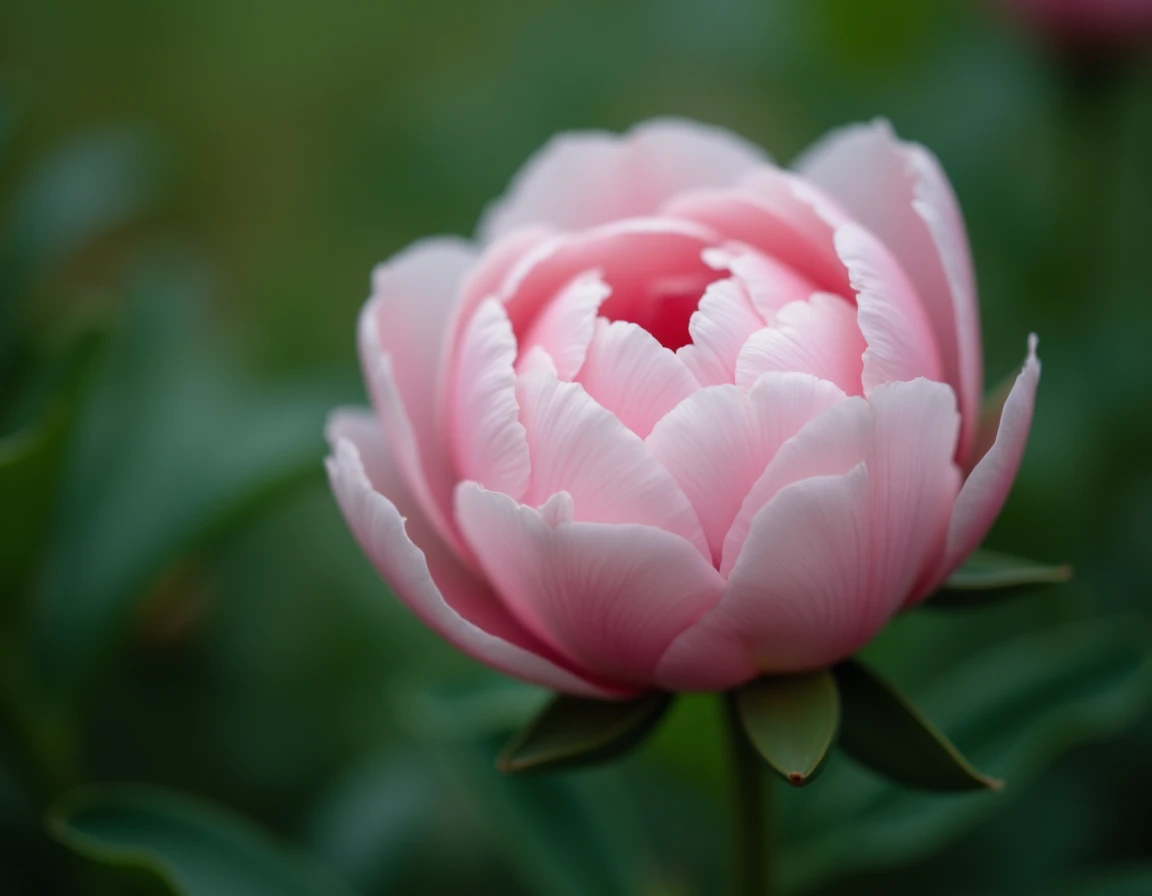 Gros plan d'une pivoine rose en pleine floraison avec des gouttes de rosée sur les pétales