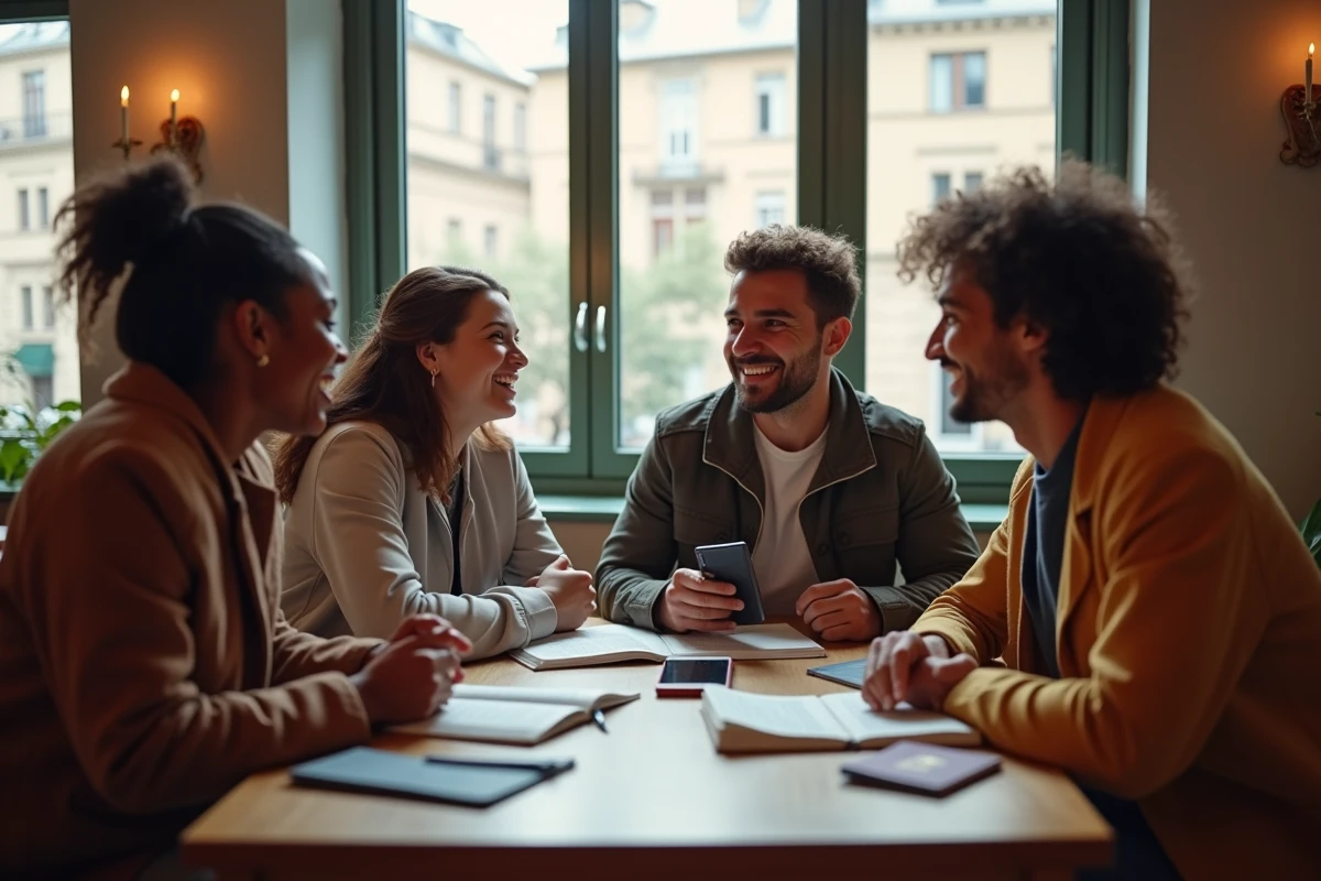 Groupe d amis riant autour d une table de voyage
