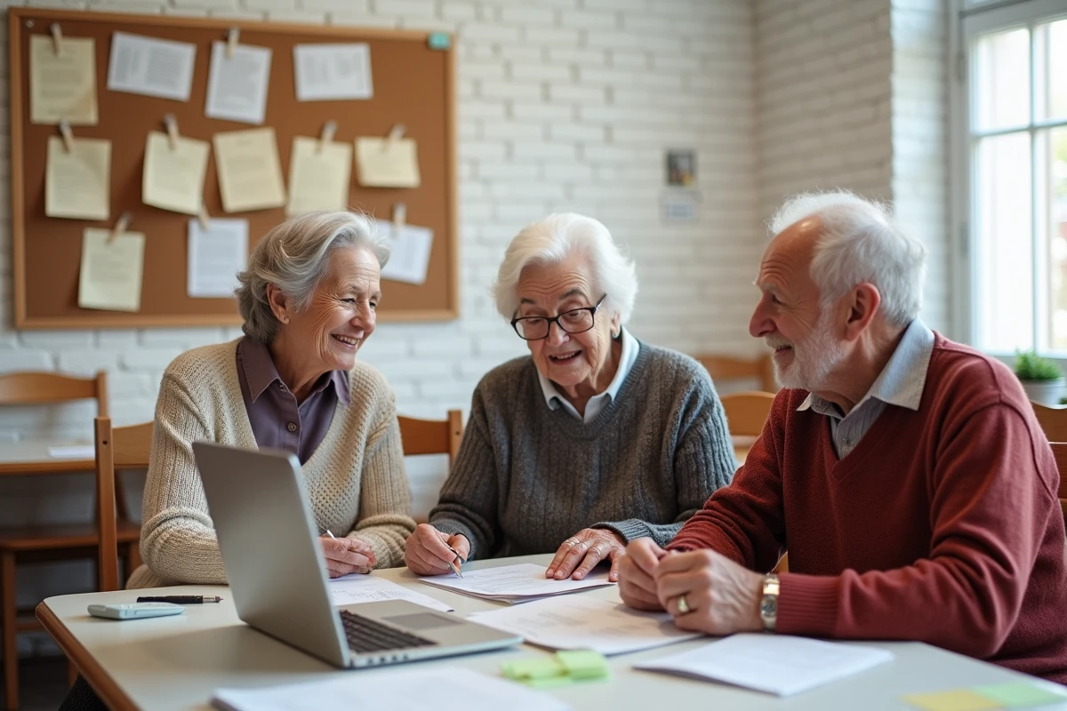 Groupe de seniors participant à un atelier d'information et de conseils pratiques dans un centre communautaire