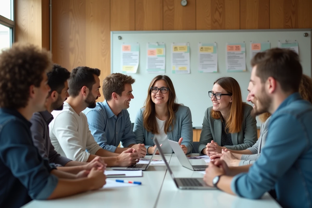 Groupe diversifié en réunion de travail dans une salle lumineuse