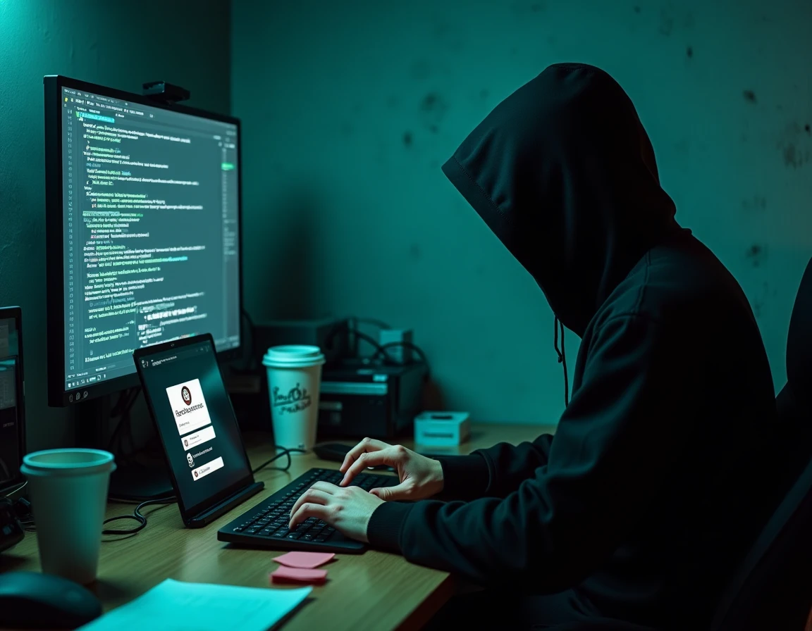 Hacker anonyme avec capuche accédant à des comptes de fidélité fast-food depuis un bureau encombré rempli d'écrans