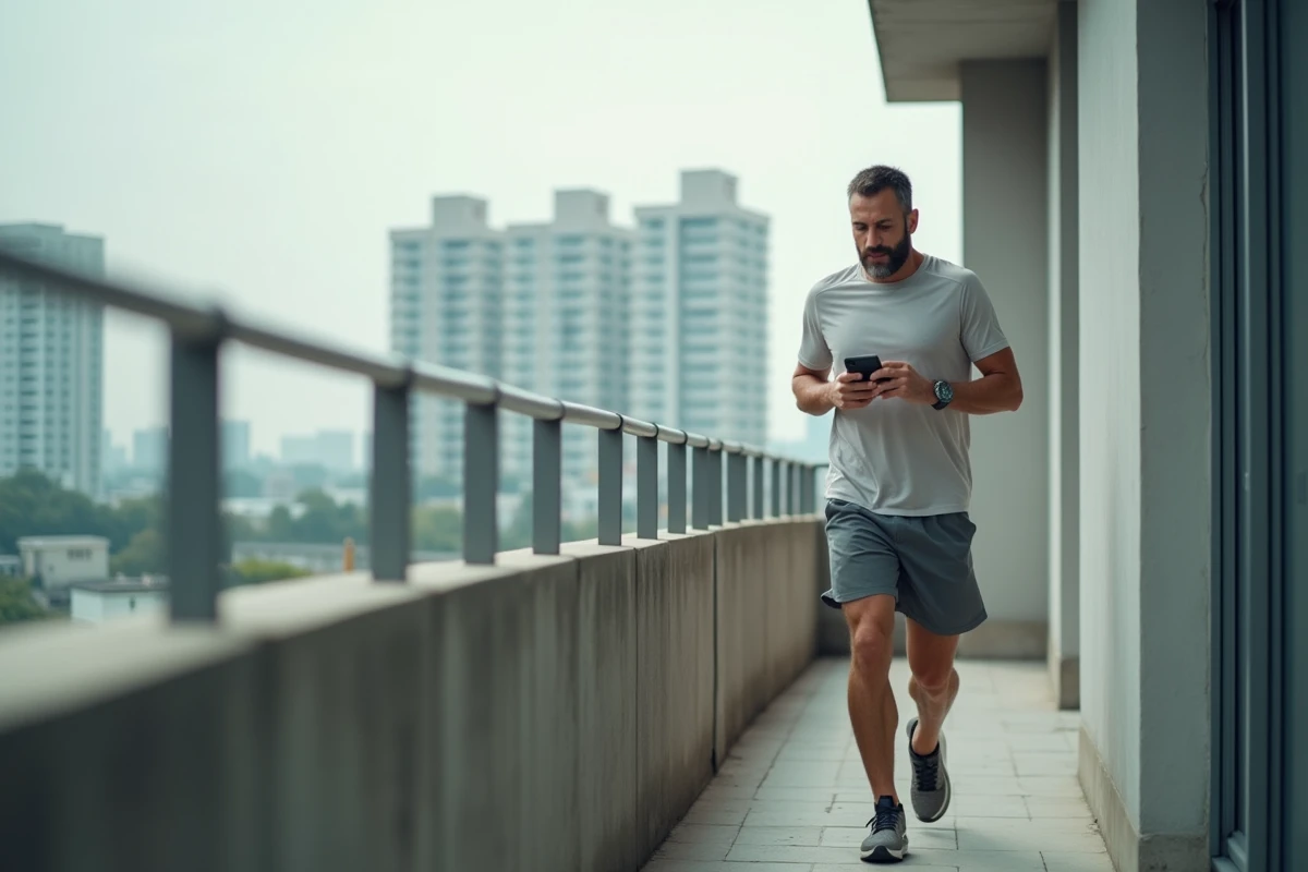 Homme courant sur balcon avec vue urbaine en arrière-plan