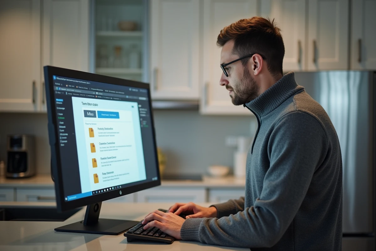 Homme devant un ordinateur de bureau accédant à un site de téléchargement via une nouvelle adresse web