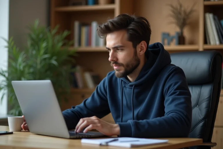 Homme utilisant un ordinateur portable pour accéder à un site de téléchargement via une nouvelle adresse URL
