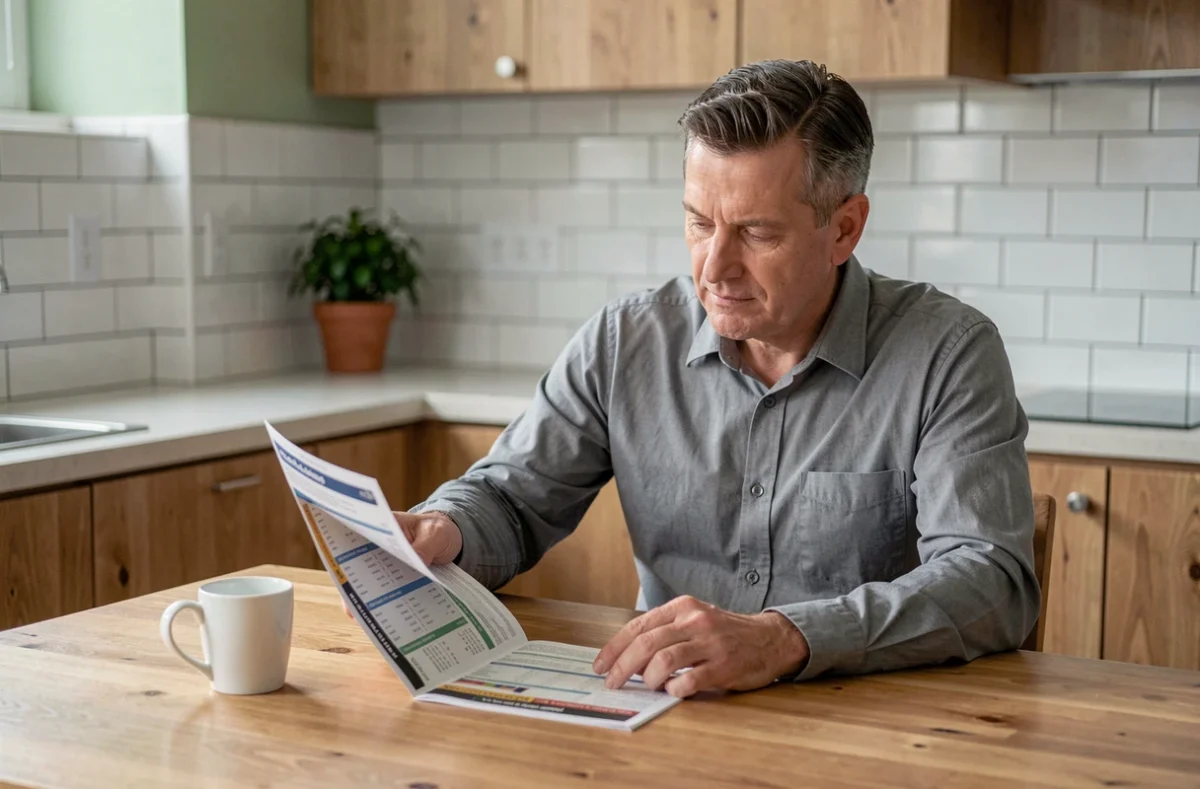 Homme consultant un programme TV hebdomadaire à table dans une cuisine moderne avec une tasse de café