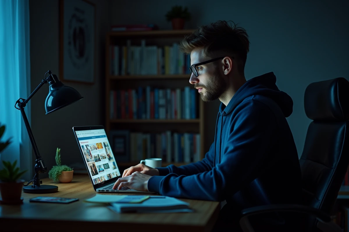 Homme utilisant un ordinateur portable pour accéder à une plateforme de streaming gratuit depuis son bureau