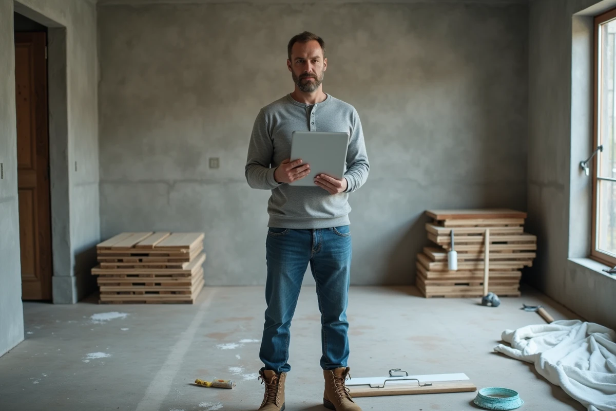 Homme utilisant une tablette avec une plateforme de suivi de chantier dans un salon en cours de rénovation