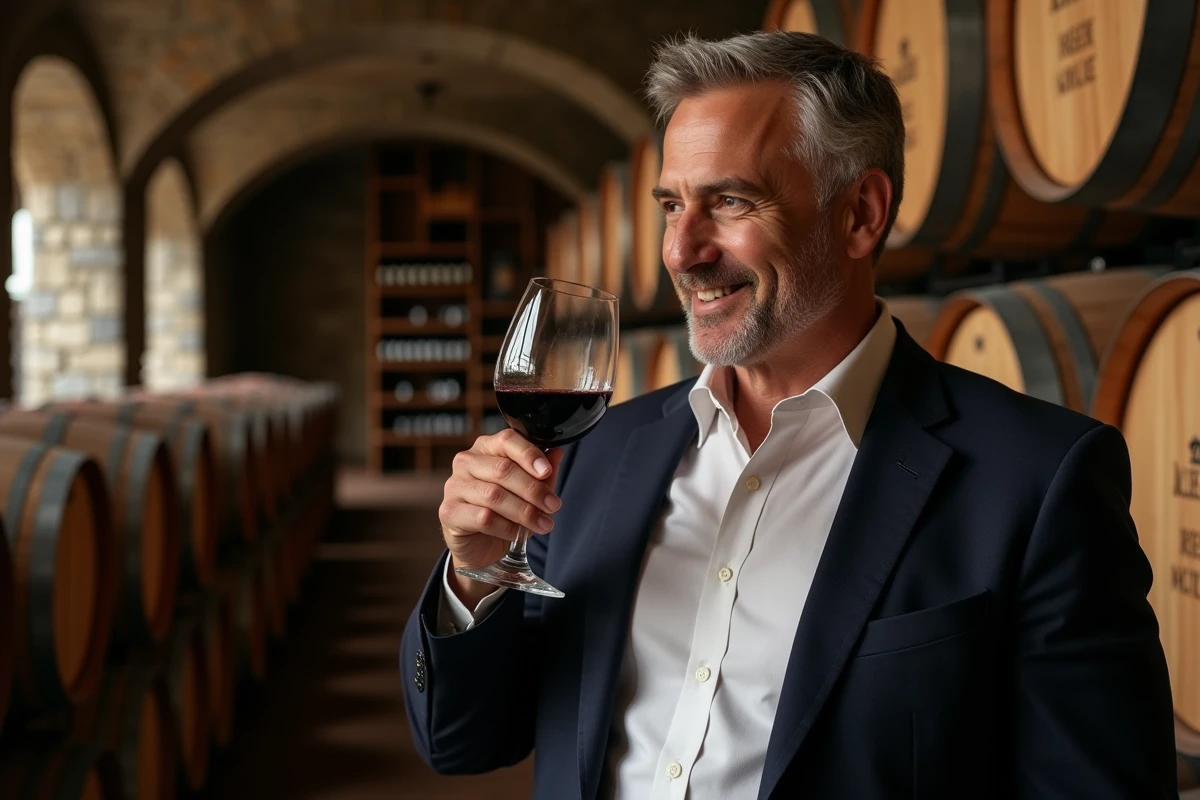 Homme dégustant un vin rouge dans une cave à vin authentique