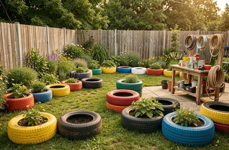 Vue d'ensemble d'un jardin décoré avec des pneus recyclés transformés en meubles, jardinières et bordures colorées