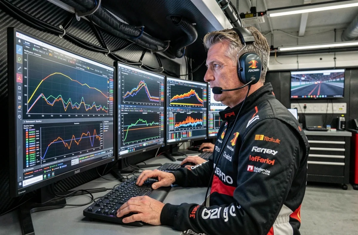 Ingénieur de course F1 analysant des données de télémétrie de lift and coast sur des écrans au stand lors d'un Grand Prix