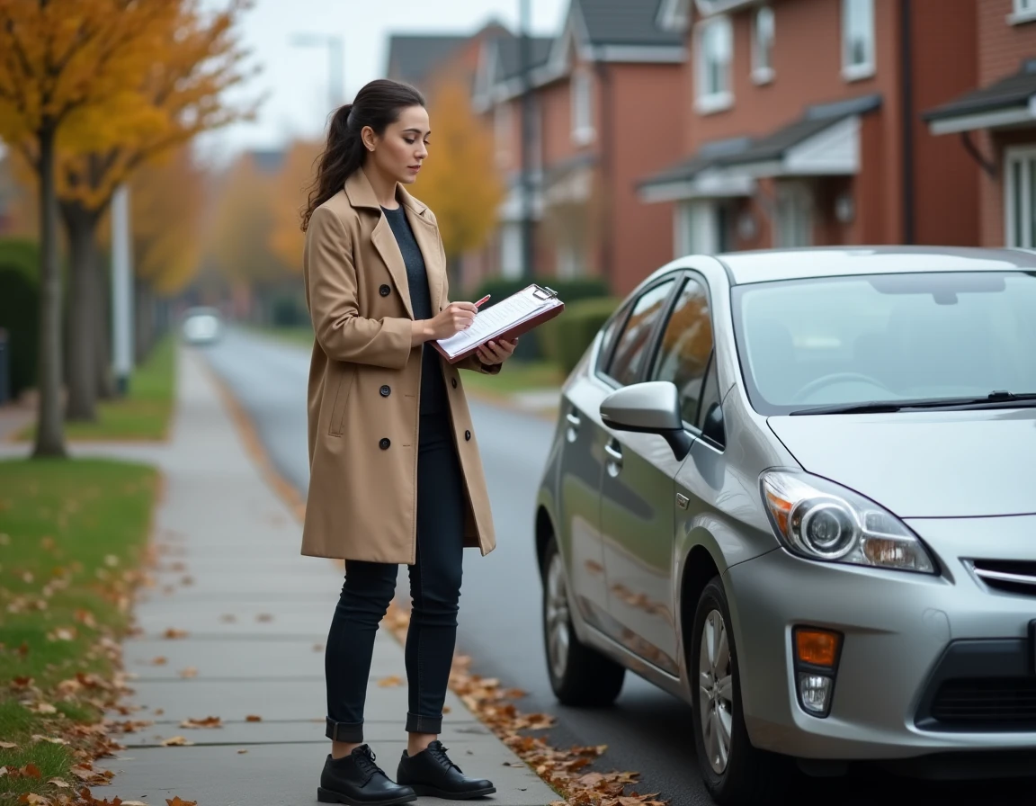 Une femme inspectant une voiture d'occasion garée dans une rue résidentielle, consultant des documents de contrôle technique avant un achat
