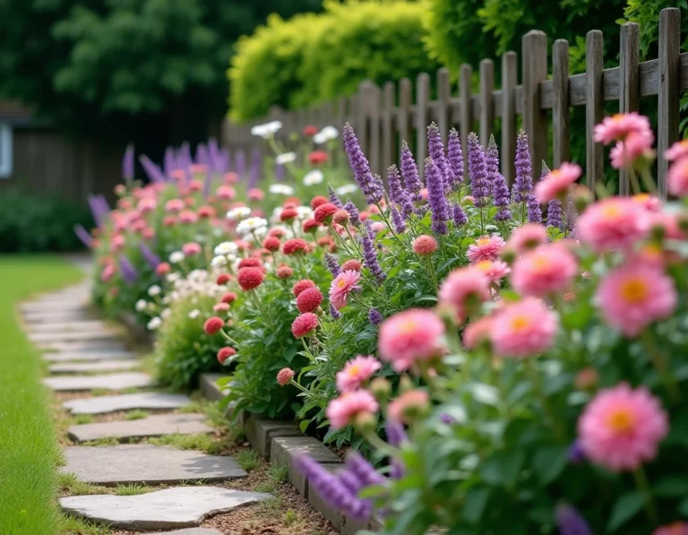 Jardin fleuri coloré avec dahlias, lavande, roses et échinacées le long d'un chemin en pierre