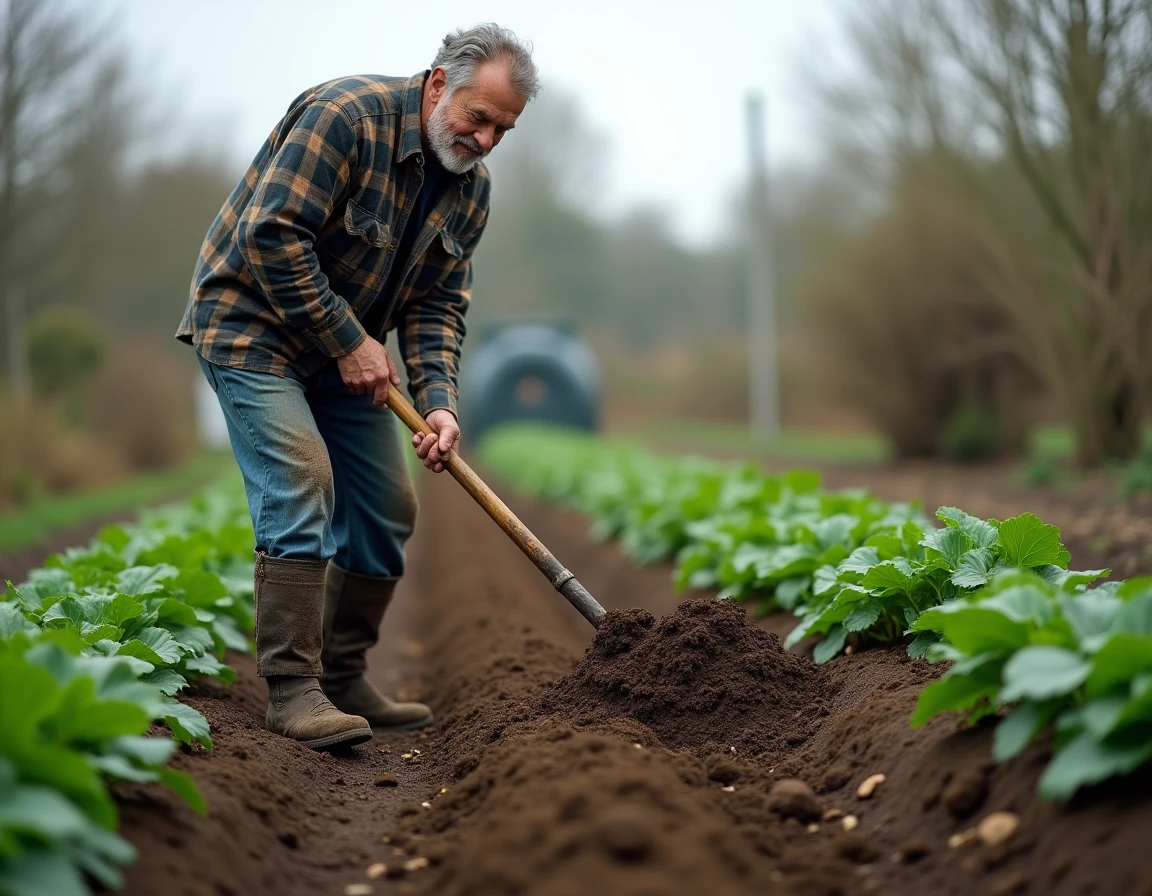 Jardinier incorporant du fumier de cheval dans un grand potager à l'aide d'une fourche de jardinage