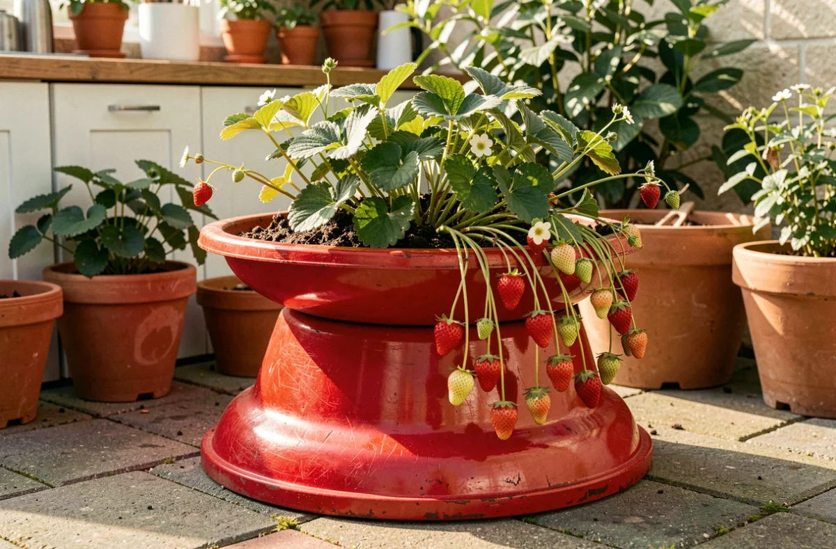 Jardinière à fraisiers fabriquée d'un pneu retourné peint en rouge avec des fraisiers en fleurs
