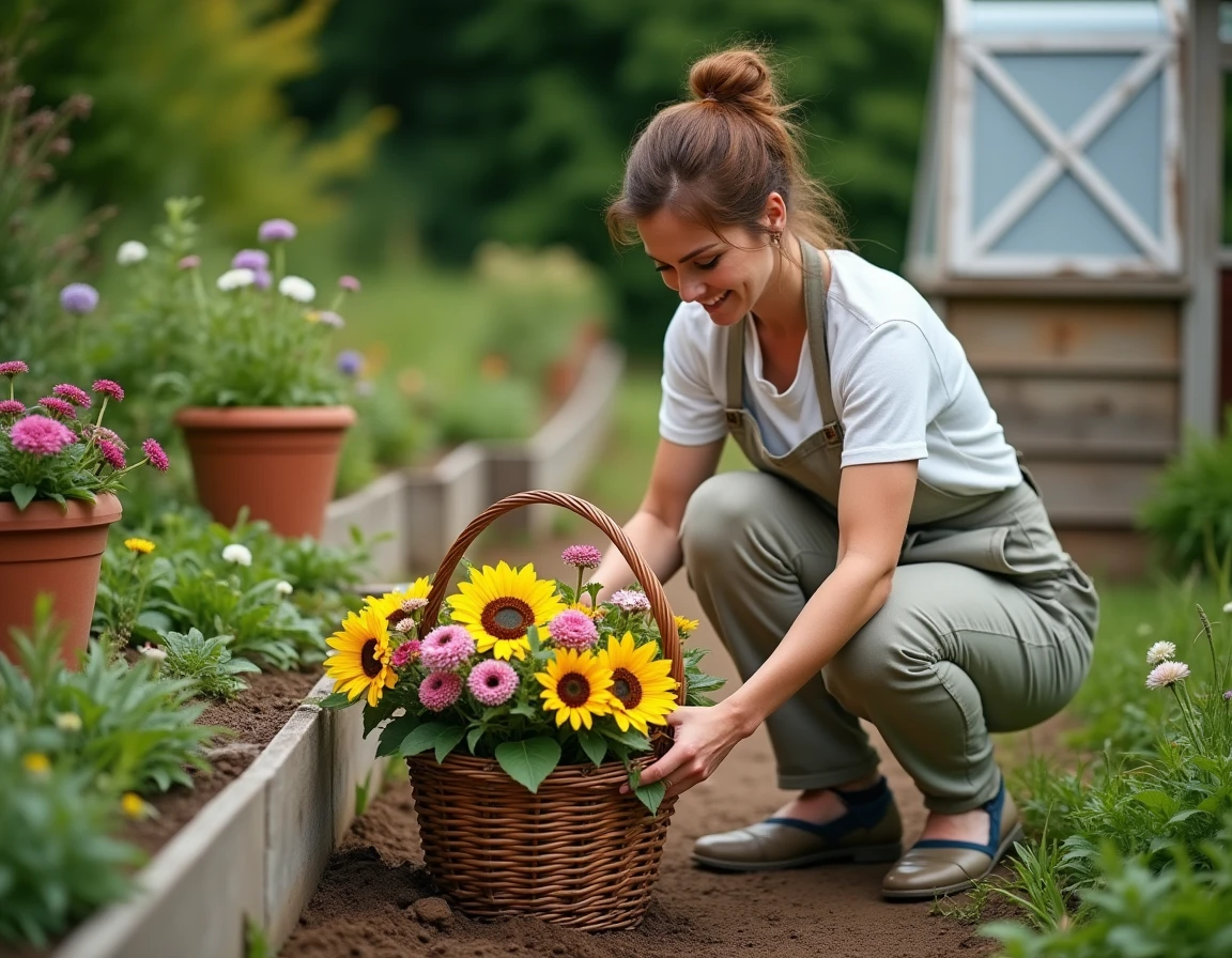 Femme jardinière récoltant des fleurs colorées dans un panier en osier au milieu d'un potager fleuri