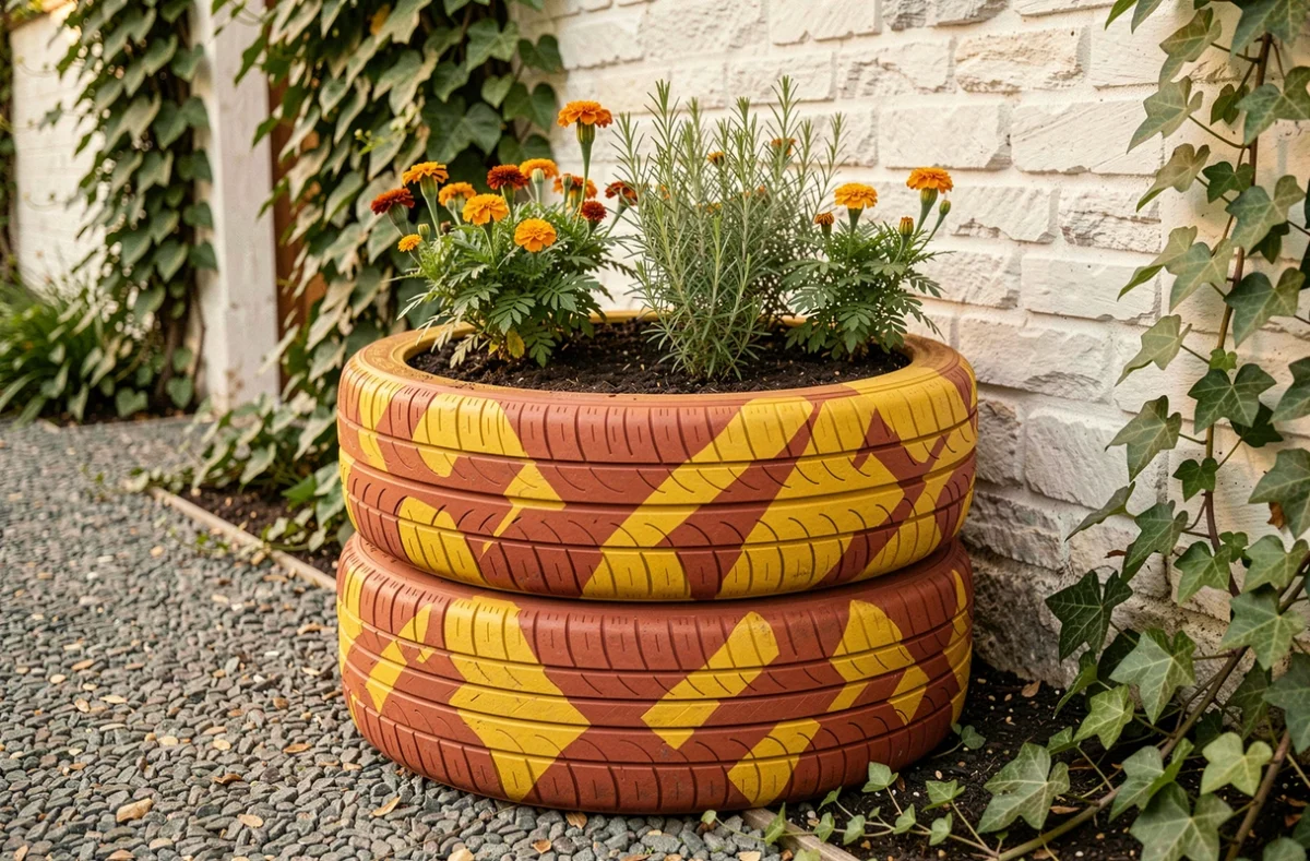 Jardinière surélevée fabriquée avec deux pneus empilés peints en terracotta et jaune moutarde remplis de fleurs