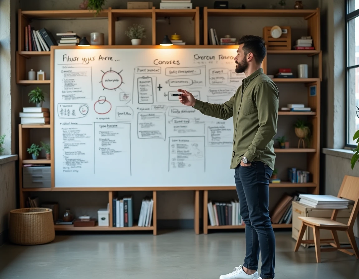 Jeune entrepreneur présentant sa stratégie d'investissement sur un tableau blanc