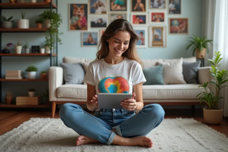 Jeune femme souriante avec tablette dans un salon moderne
