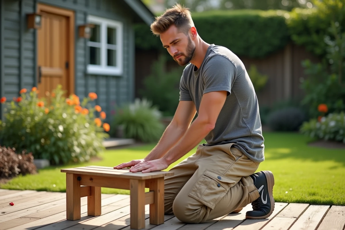 Jeune homme assemble un banc de jardin dans son extérieur