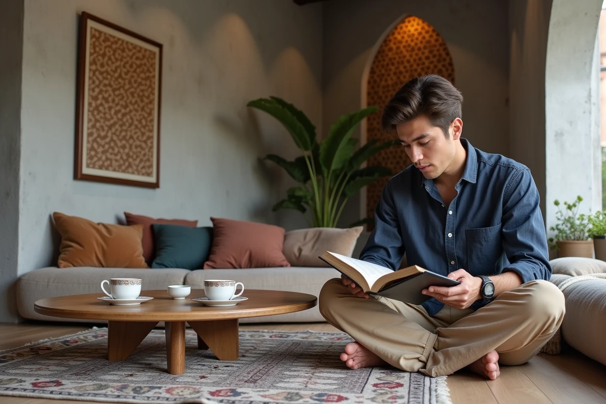 Jeune homme lisant un livre dans un loft contemporain et oriental