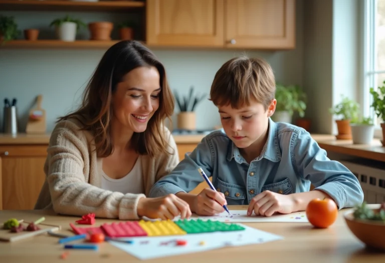 Femme et enfant travaillant sur un projet scolaire à la maison