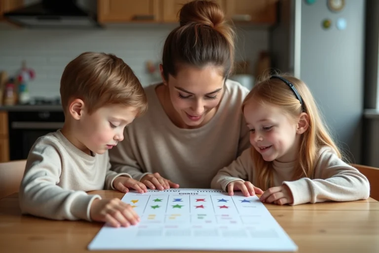 Maman et enfants regardant un calendrier familial à la maison