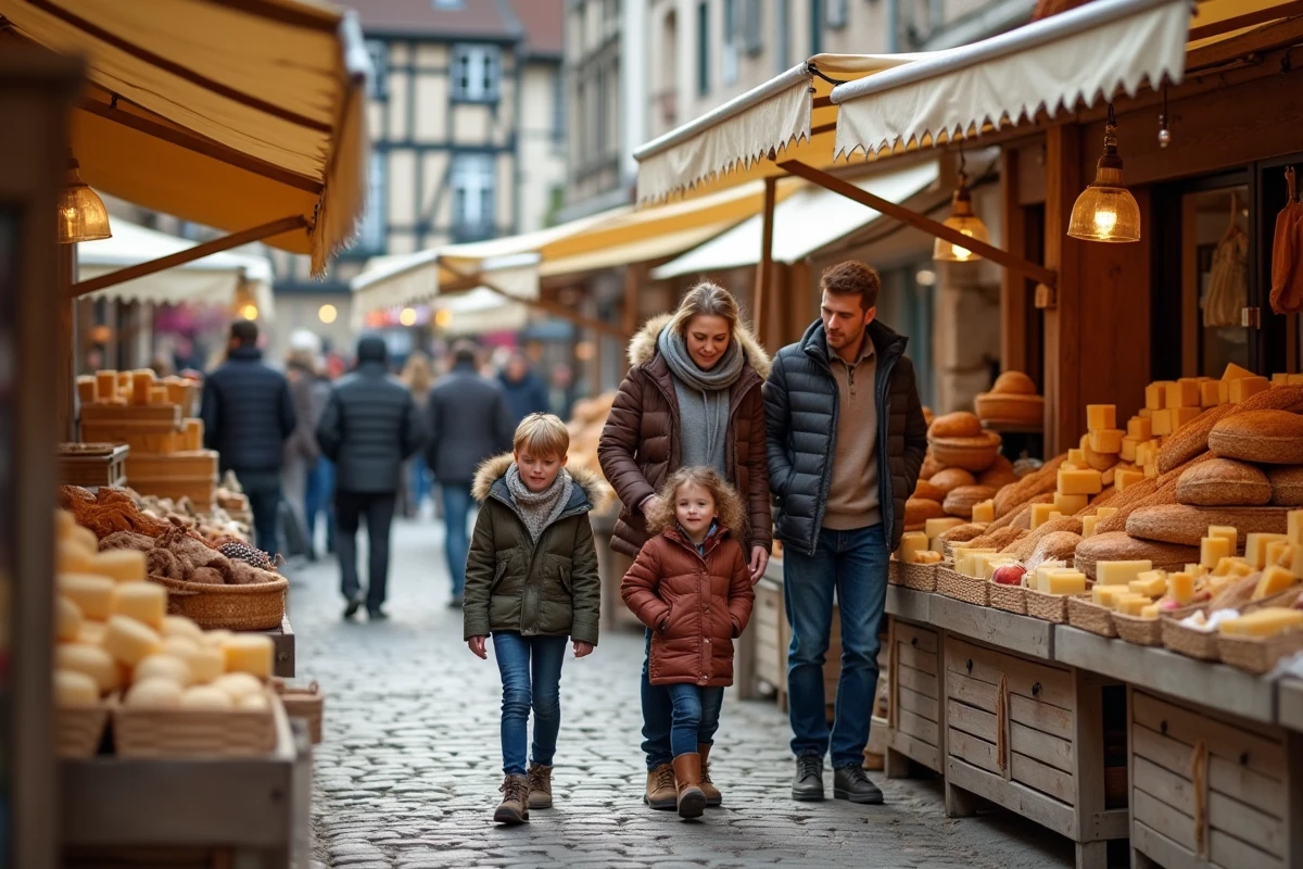 Famille visitant un marché normand animé avec fromages et cidre locaux dans une place historique à colombages