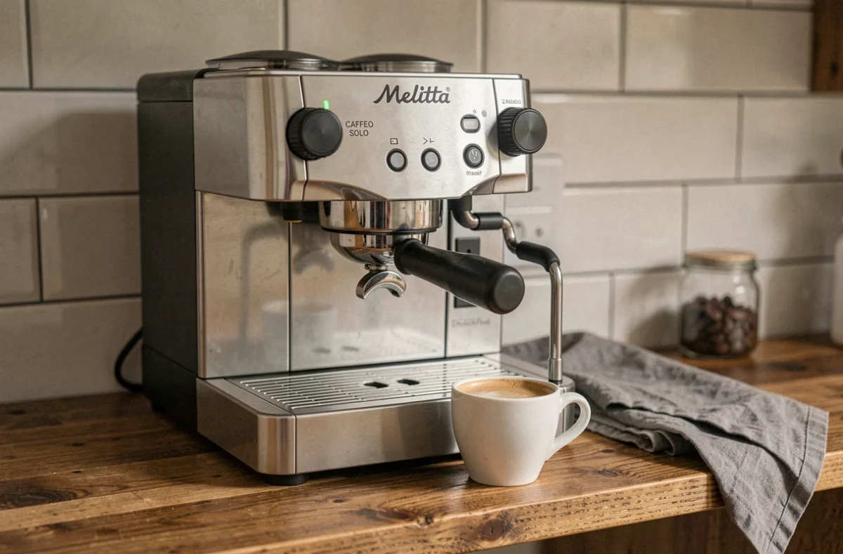 Machine à café Melitta Caffeo Solo avec un expresso crémeux dans une tasse blanche sur un plan de travail en bois