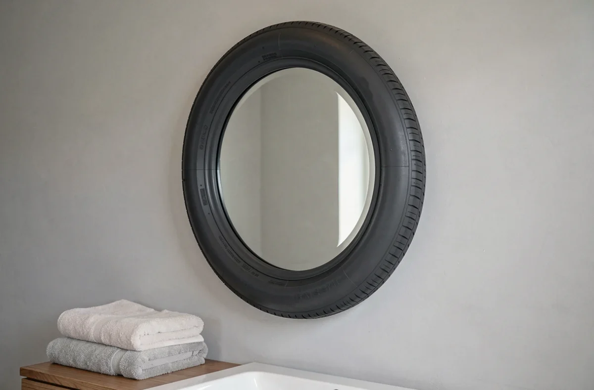 Miroir encadré dans un pneu peint en gris anthracite accroché dans une salle de bain moderne