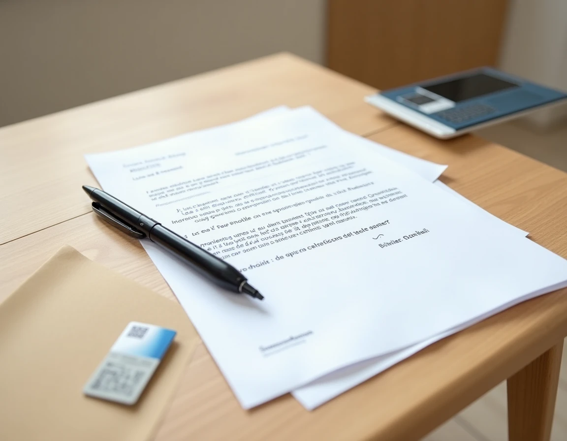 Vue aérienne d'un modèle de justificatif d'absence imprimé avec un stylo et une carte étudiante sur un bureau en bois