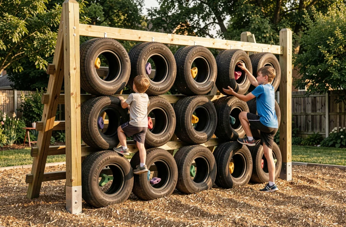 Mur d'escalade pour enfants construit avec des pneus fixés sur une structure en bois avec des prises colorées