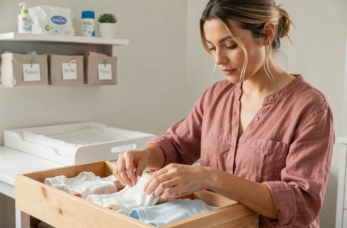 Jeune mère organisant les vêtements de bébé dans les tiroirs d'une table à langer blanche en bois