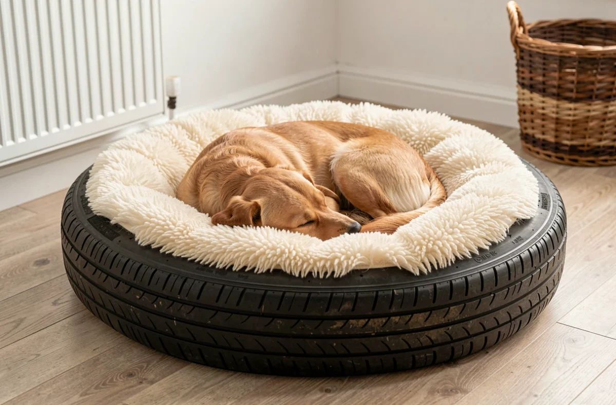 Panier pour chien fabriqué à partir d'un pneu plat garni d'un coussin en peau de mouton avec un chien endormi dedans