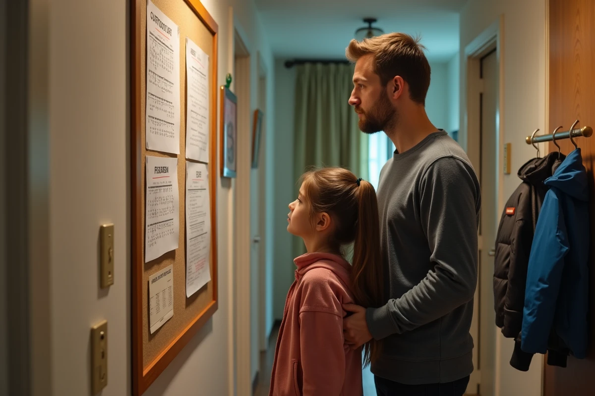 Papa et fille examinant un emploi du temps scolaire sur un tableau