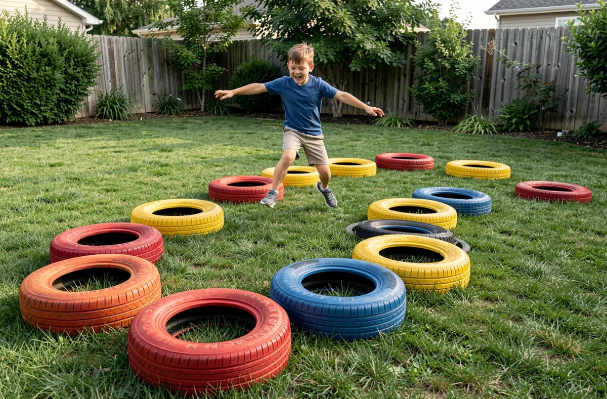Parcours d'obstacles au sol avec des pneus peints en couleurs vives disposés sur une pelouse pour enfants