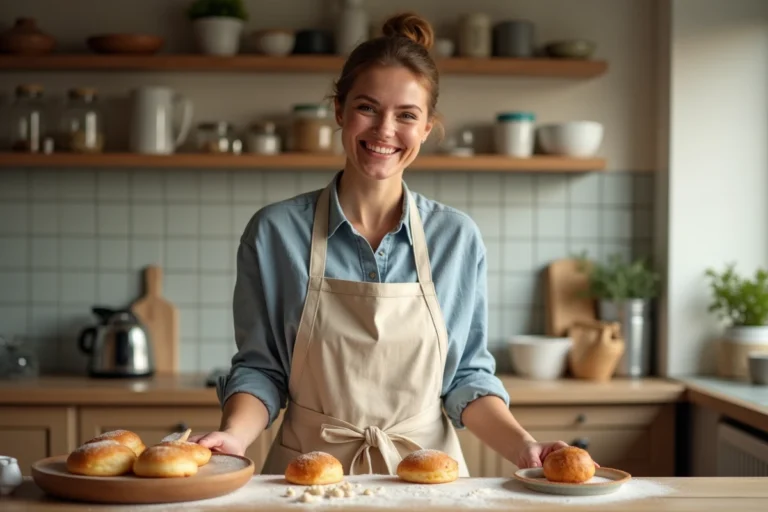 Femme souriante en cuisine avec pâtisseries fraîches