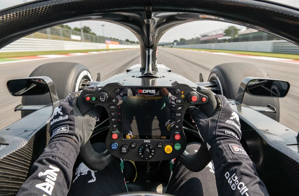 Pilote de Formule 1 dans le cockpit appliquant la technique du lift and coast sur une ligne droite, vue embarquée réaliste