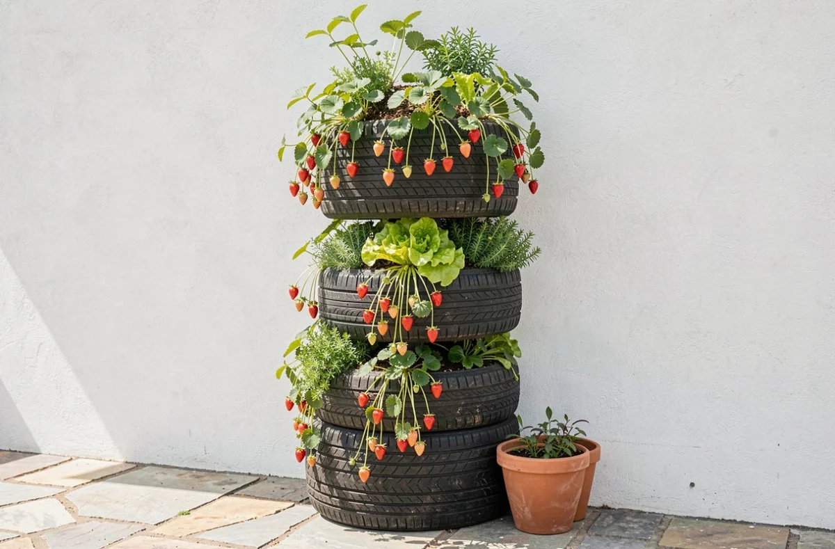 Potager vertical en colonne composé de pneus empilés plantés de fraises, laitues et herbes aromatiques