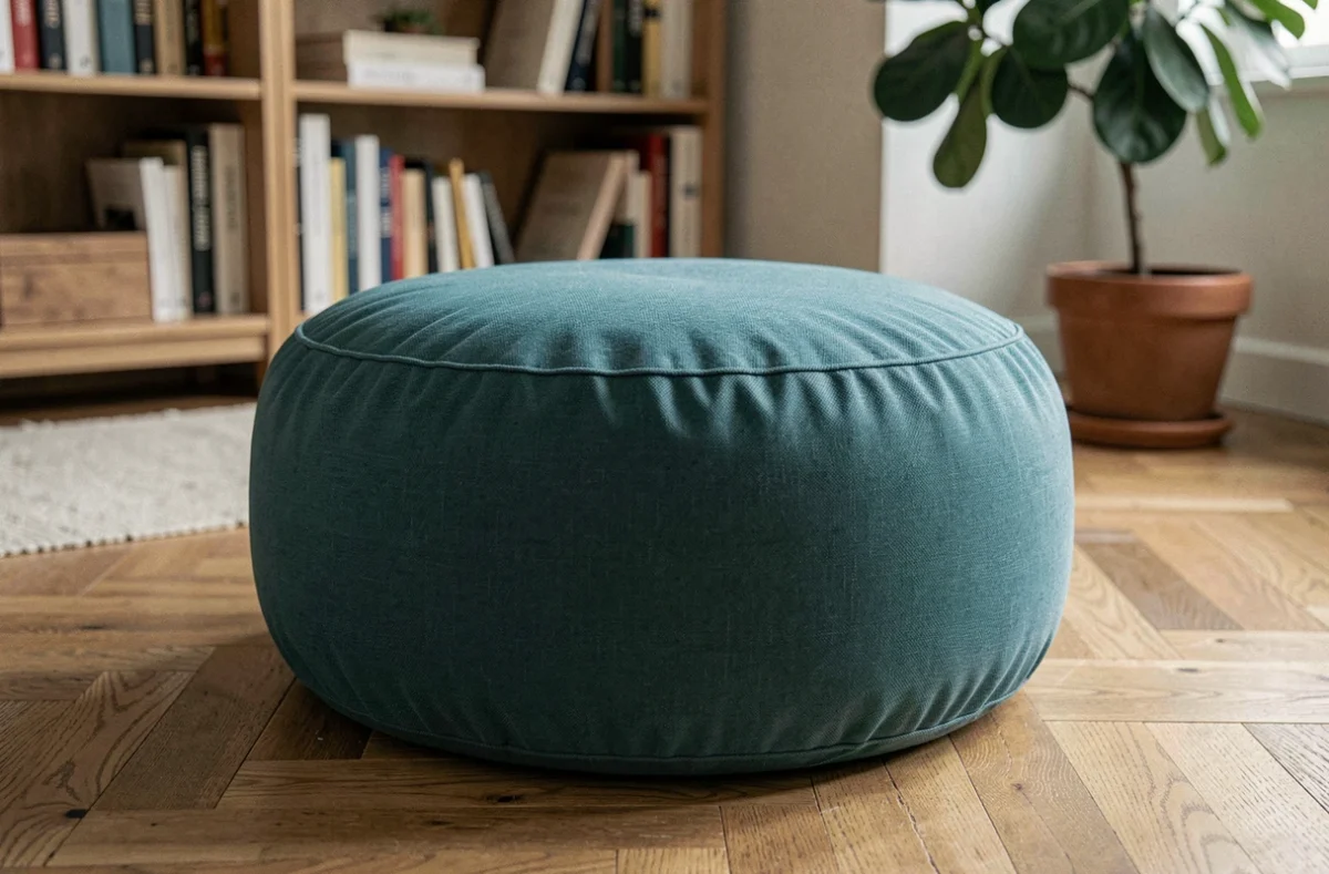 Pouf d'intérieur rembourré en mousse fabriqué à partir d'un pneu recouvert de tissu bleu teal