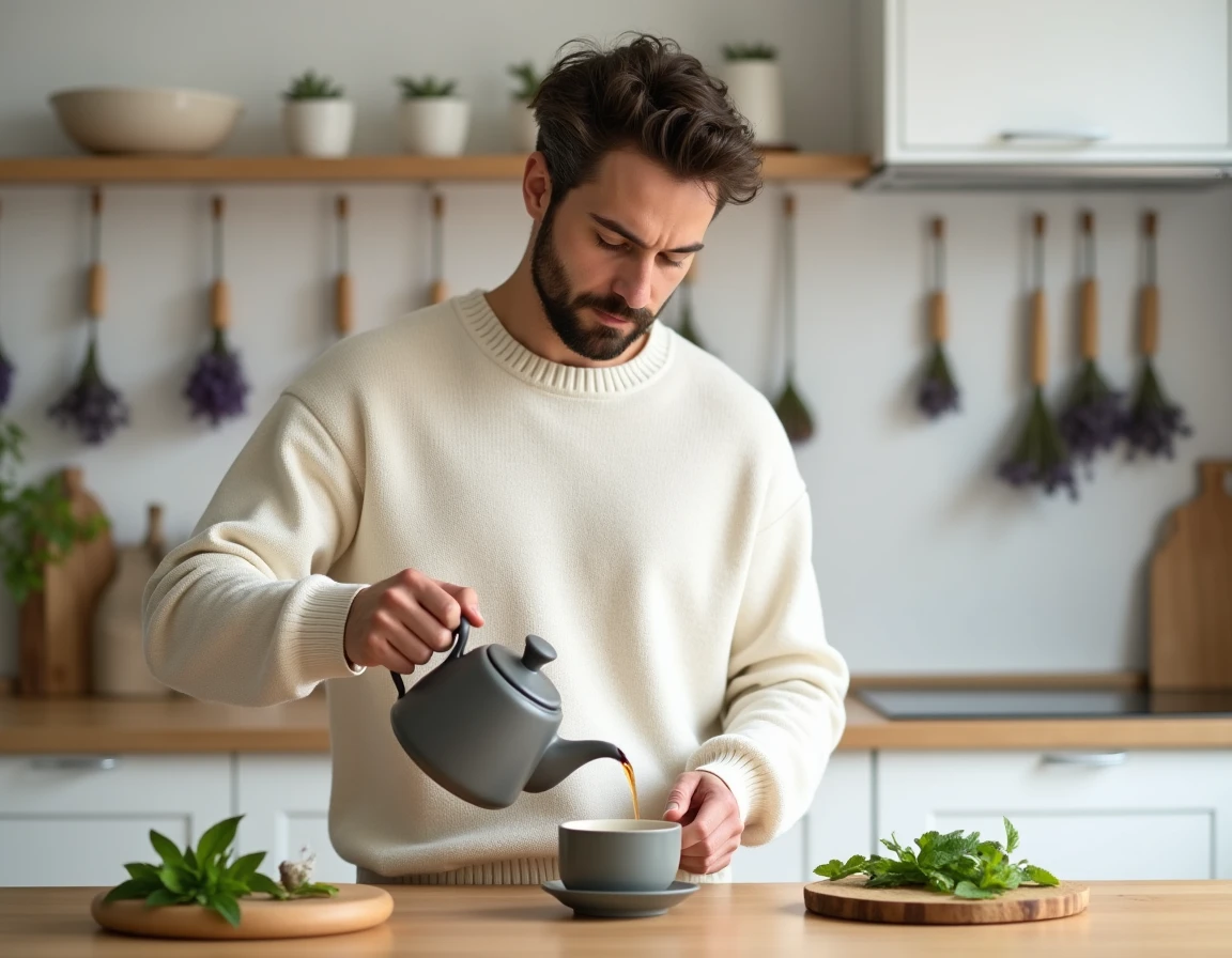 Homme préparant une tisane aux herbes dans une cuisine scandinave épurée, avec des plantes séchées et une théière en céramique