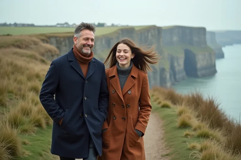 Couple se promenant sur les falaises de Normandie lors d'un week-end, avec vue sur la Manche et les côtes calcaires