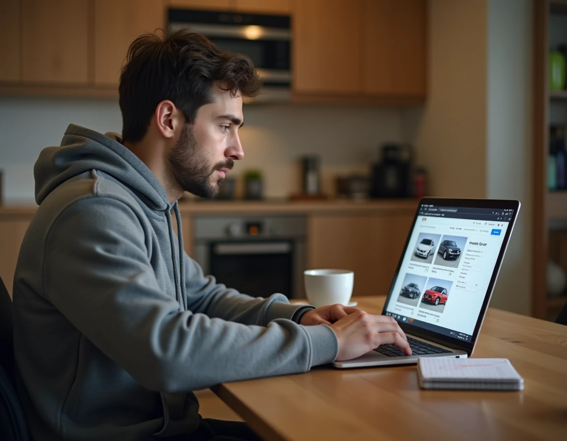 Un jeune homme recherchant des annonces de voitures d'occasion sur un ordinateur portable depuis son domicile, avec un carnet de notes et un café sur la table