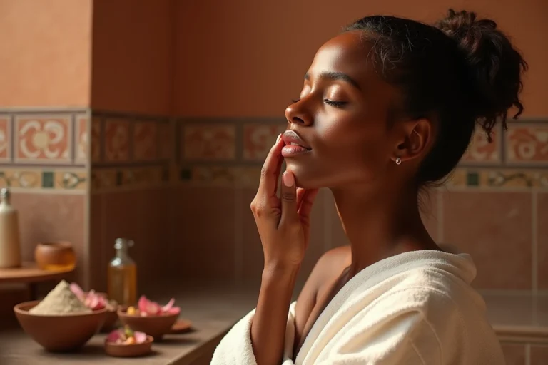 Femme appliquant de l'huile d'argan dorée dans un hammam marocain traditionnel aux murs en zellige