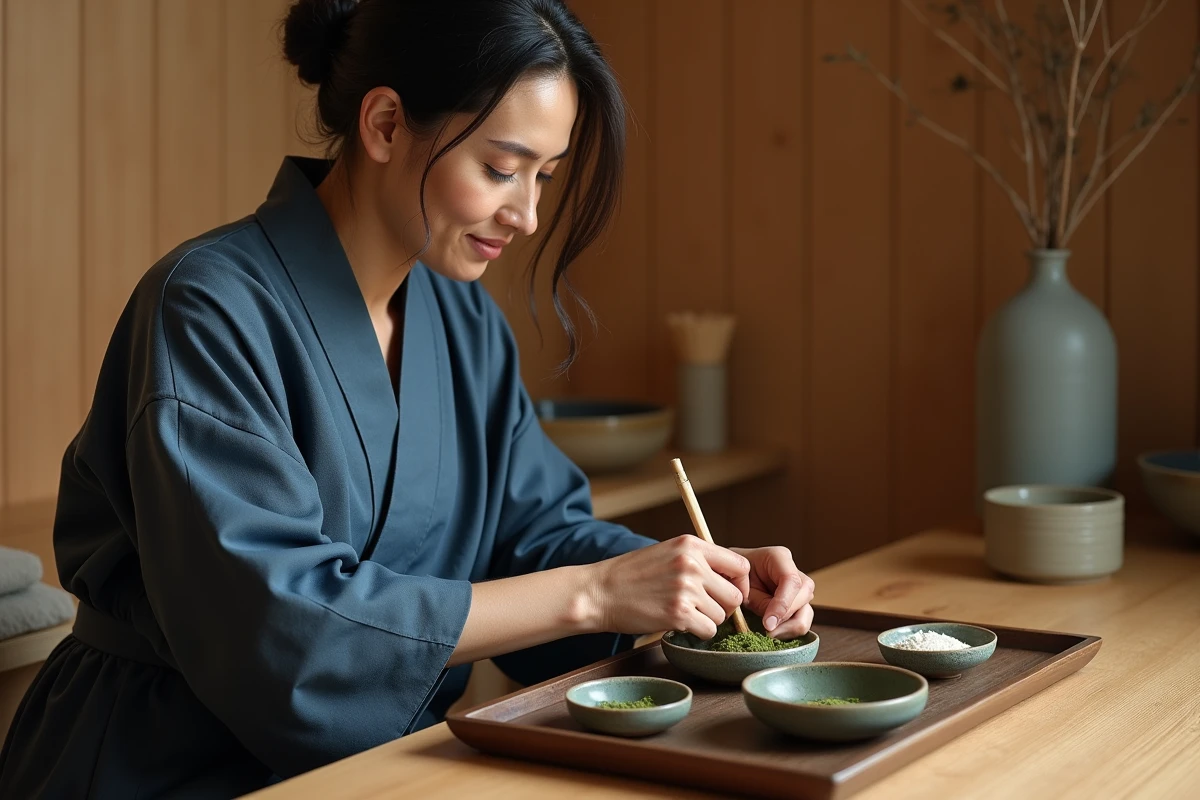 Femme préparant un masque de beauté traditionnel japonais à base de matcha dans une salle de bain en cèdre