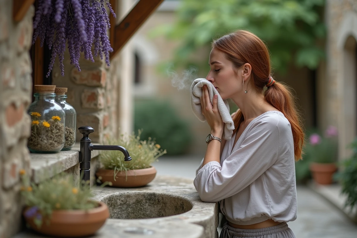 Femme appliquant une infusion d'herbes sur son visage dans une ferme provençale entourée de lavande séchée